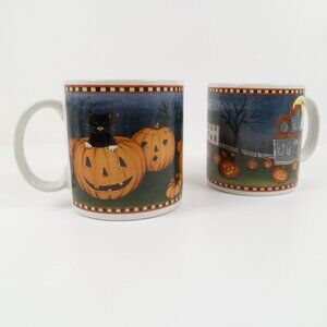 Two Vintage Halloween Mugs 2002 David Carter Brown Pumpkin Hollow Series Sakura